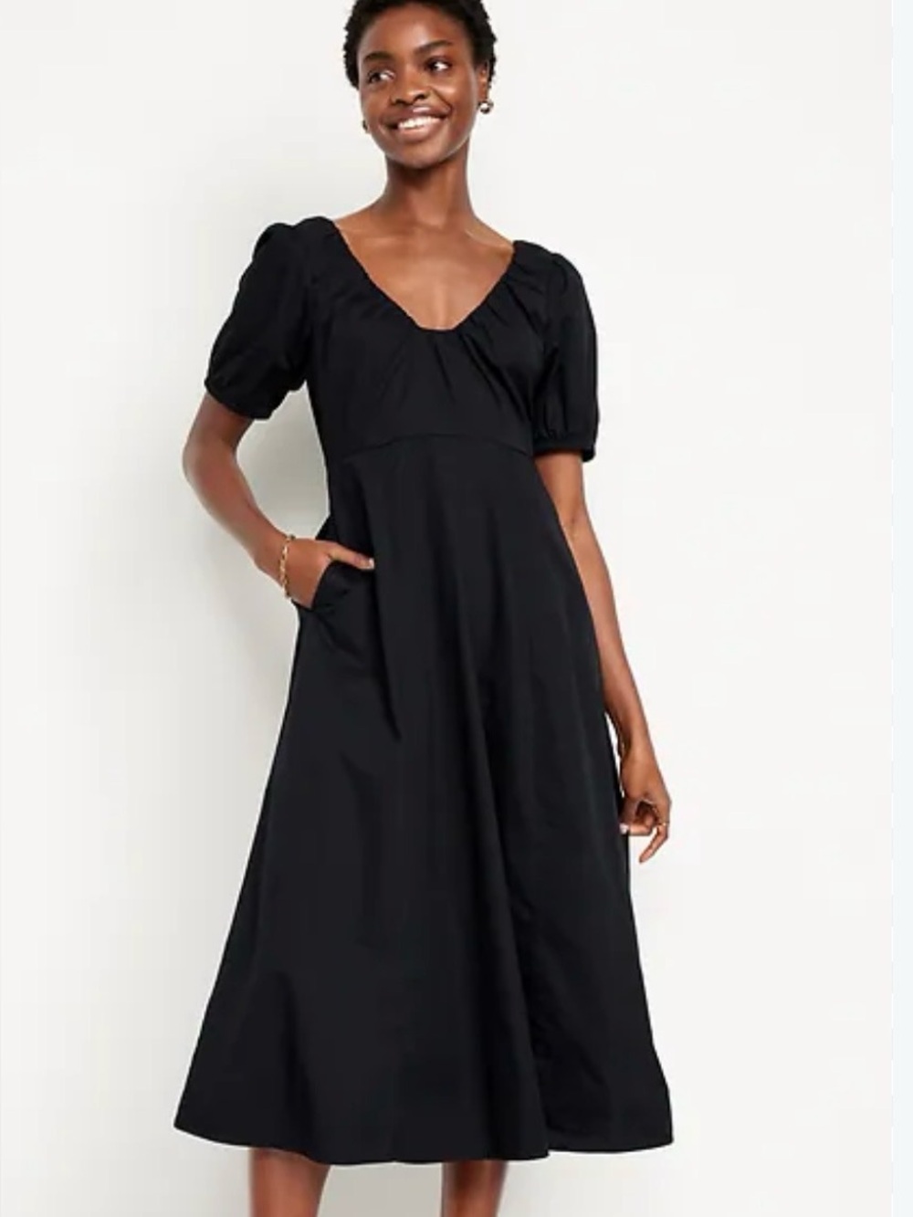 Old Navy Puff Sleeve Scoop Neck Midi Dress, Size M, Black